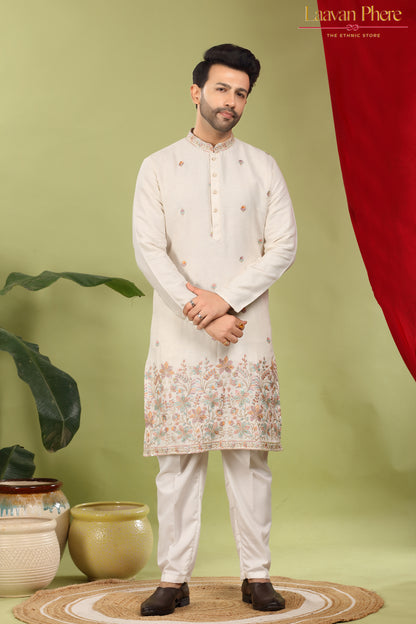 Nirmit – Ivory Bloom Daaman Embroidered Linen Blend Kurta