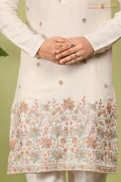 Nirmit – Ivory Bloom Daaman Embroidered Linen Blend Kurta