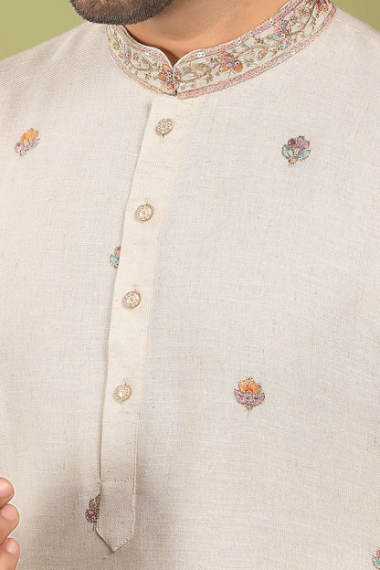 Nirmit – Ivory Bloom Daaman Embroidered Linen Blend Kurta