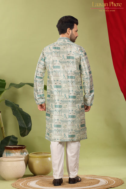 Vayaan – Regal Teal Printed Jacquard Mirror Work Kurta