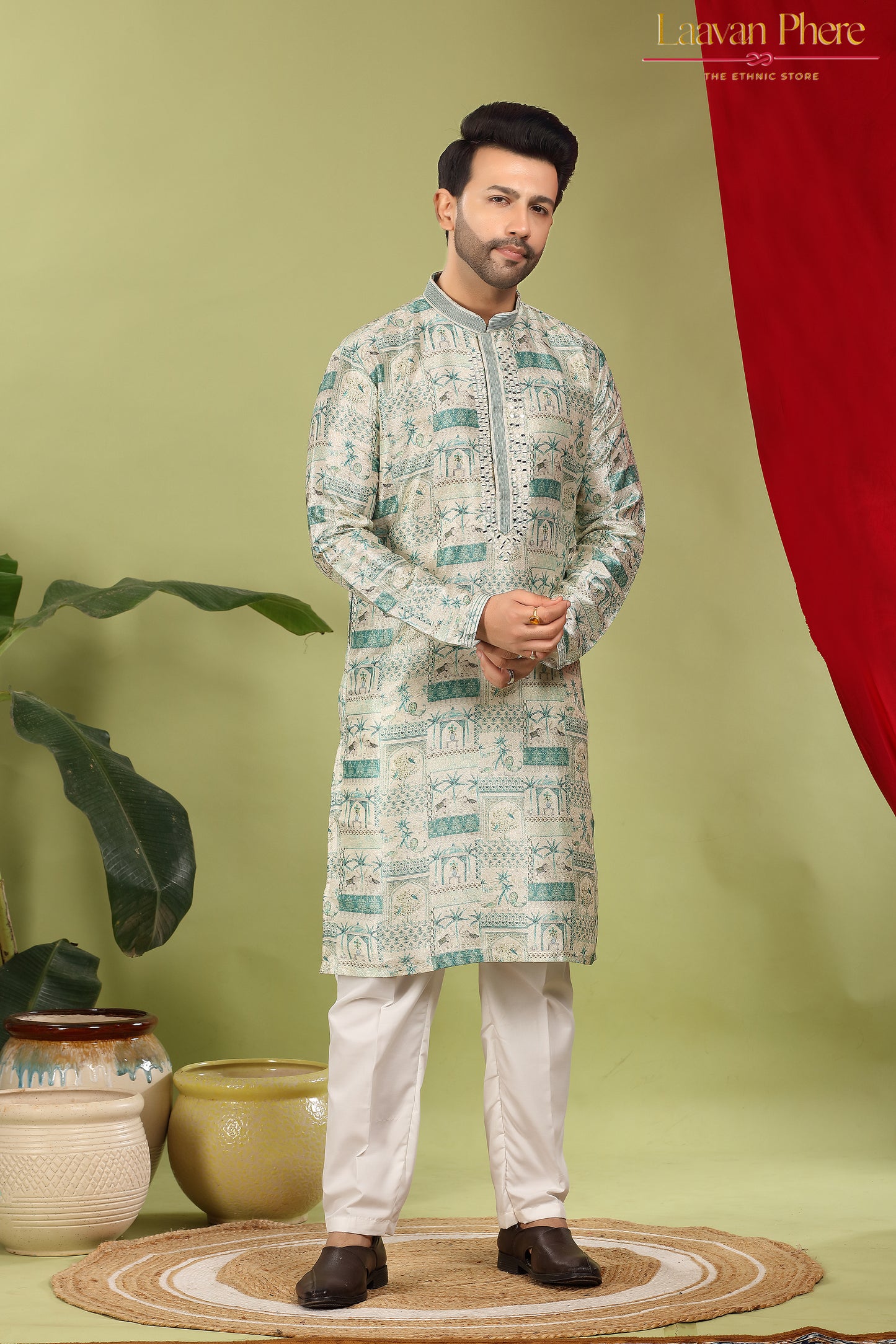 Vayaan – Regal Teal Printed Jacquard Mirror Work Kurta
