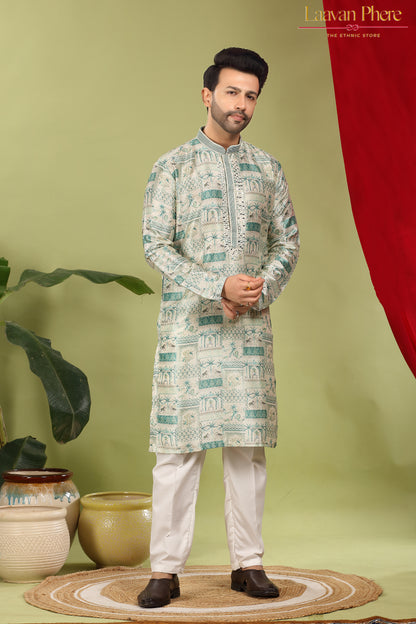 Vayaan – Regal Teal Printed Jacquard Mirror Work Kurta