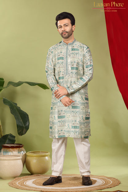 Vayaan – Regal Teal Printed Jacquard Mirror Work Kurta