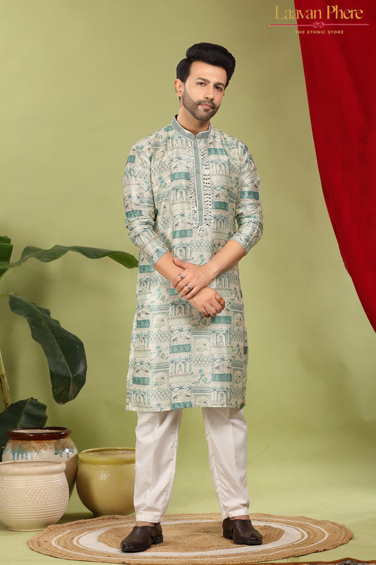 Vayaan – Regal Teal Printed Jacquard Mirror Work Kurta