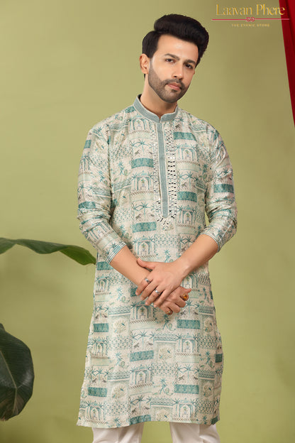 Vayaan – Regal Teal Printed Jacquard Mirror Work Kurta