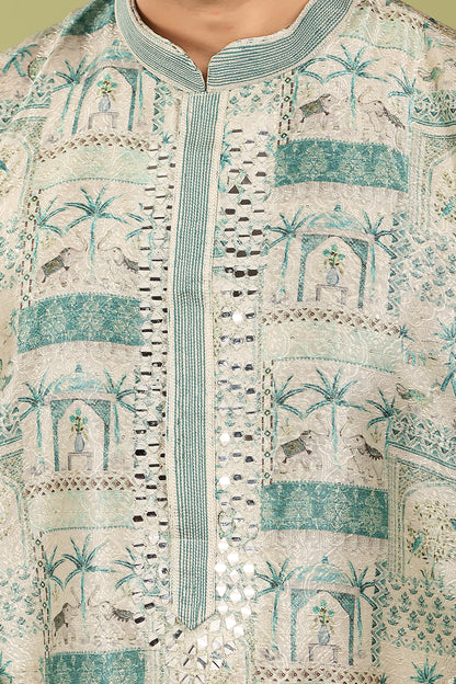 Vayaan – Regal Teal Printed Jacquard Mirror Work Kurta