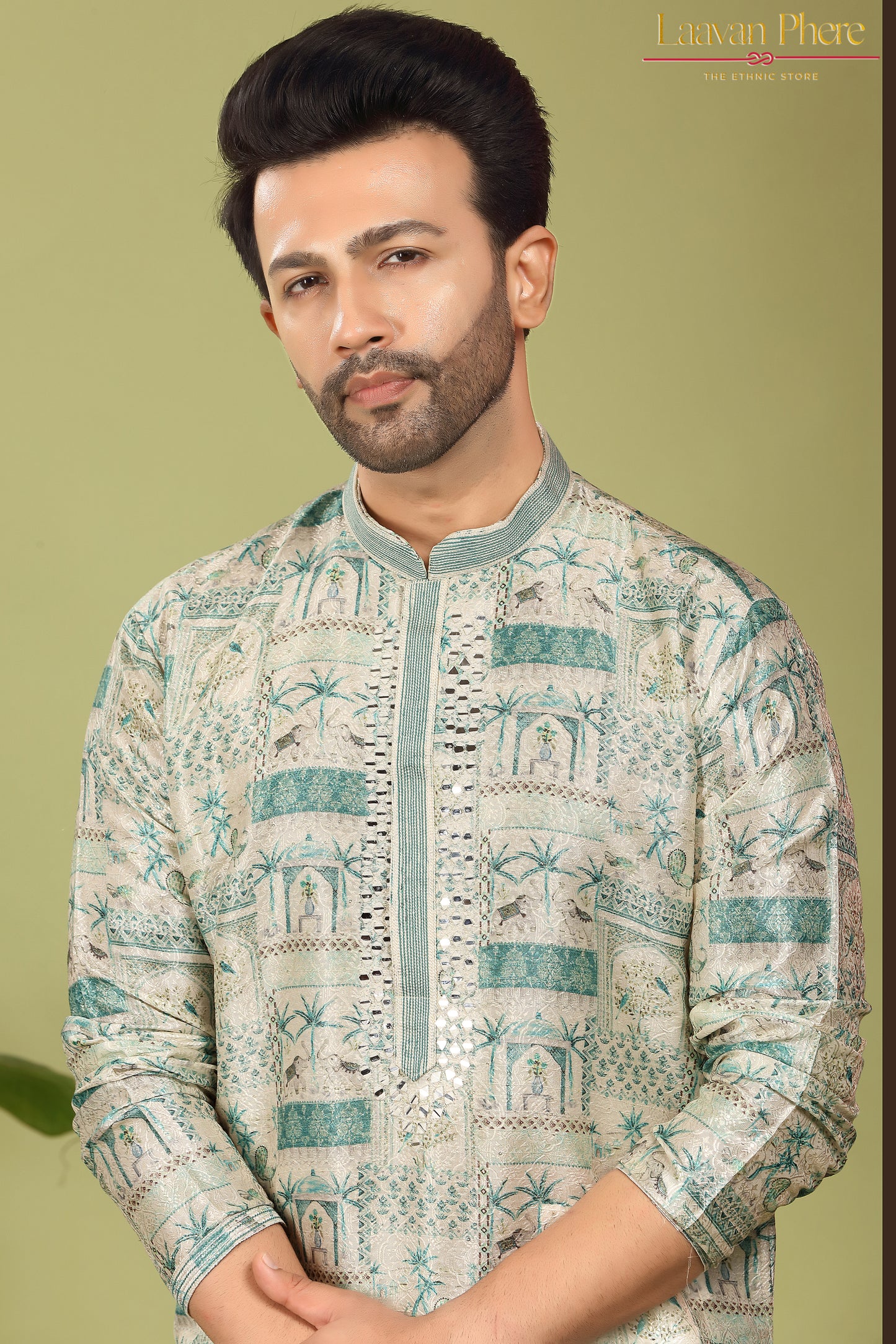 Vayaan – Regal Teal Printed Jacquard Mirror Work Kurta