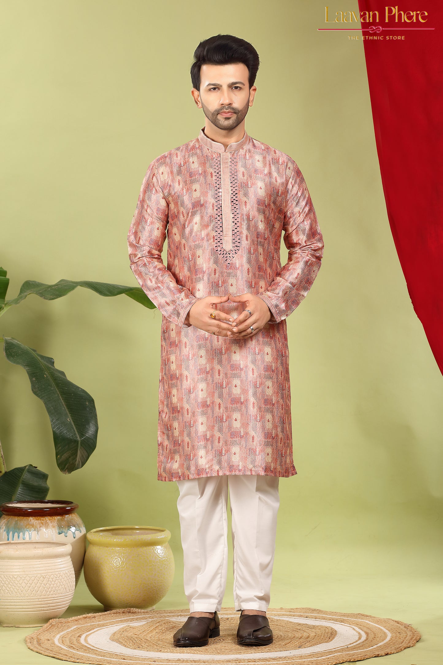 Vayaan – Regal Mauve Printed Jacquard Mirror Work Kurta