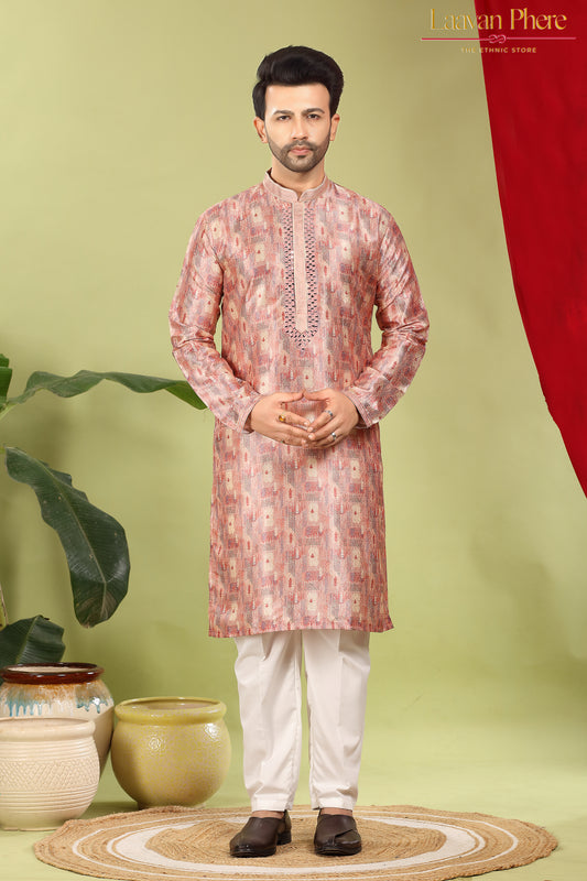 Vayaan – Regal Mauve Printed Jacquard Mirror Work Kurta