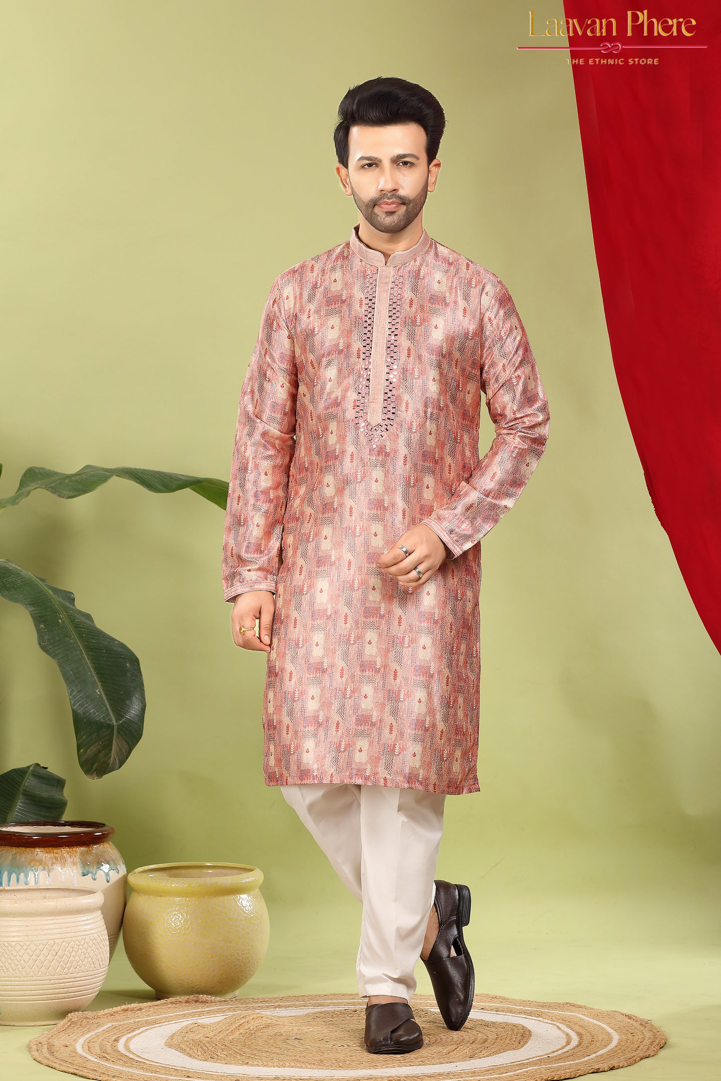 Vayaan – Regal Mauve Printed Jacquard Mirror Work Kurta