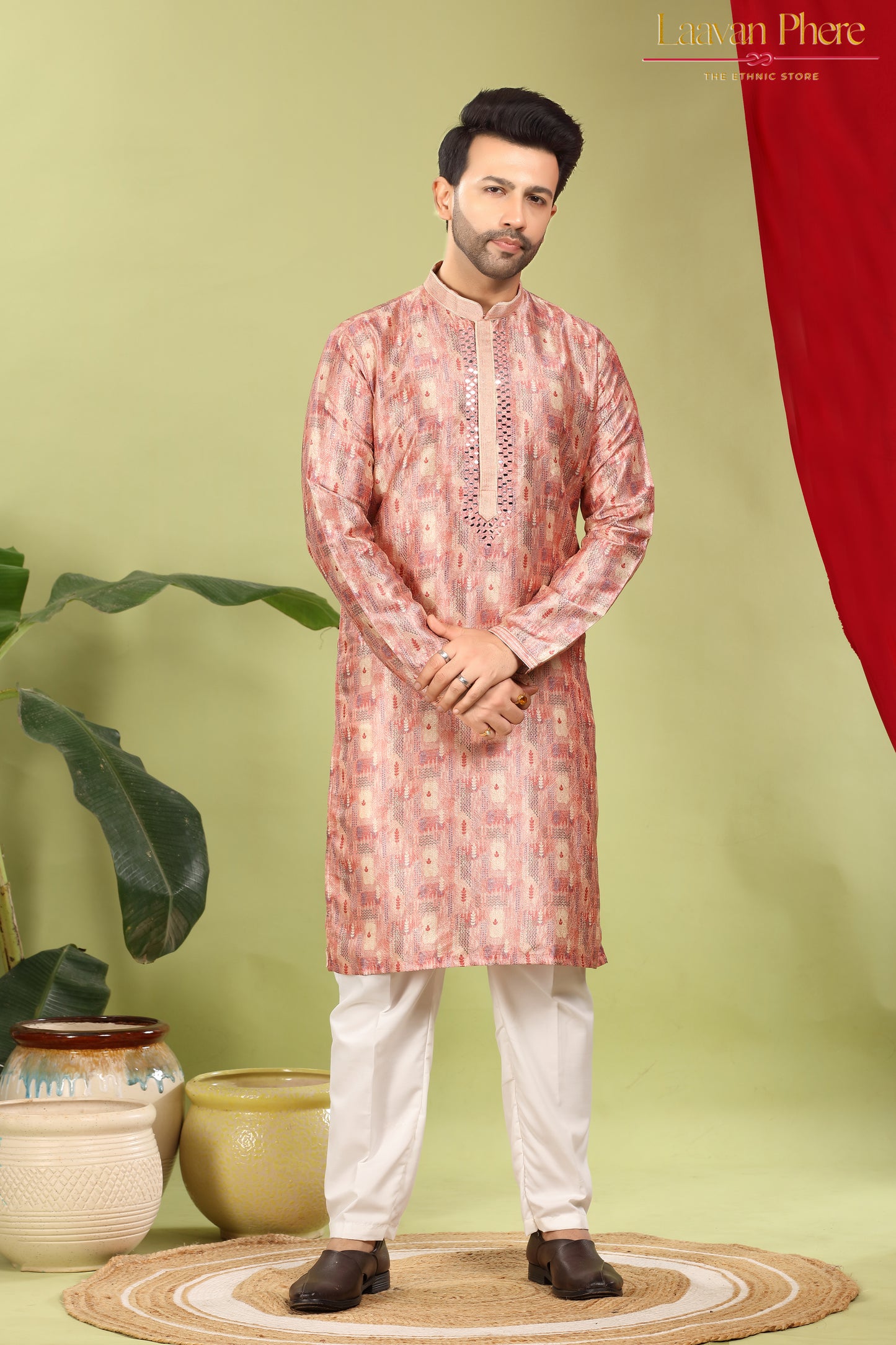 Vayaan – Regal Mauve Printed Jacquard Mirror Work Kurta