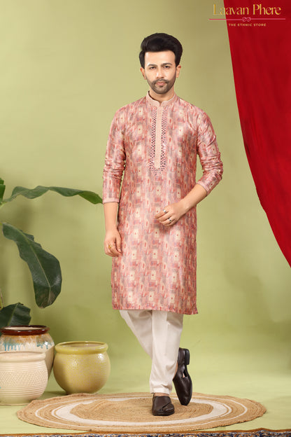 Vayaan – Regal Mauve Printed Jacquard Mirror Work Kurta