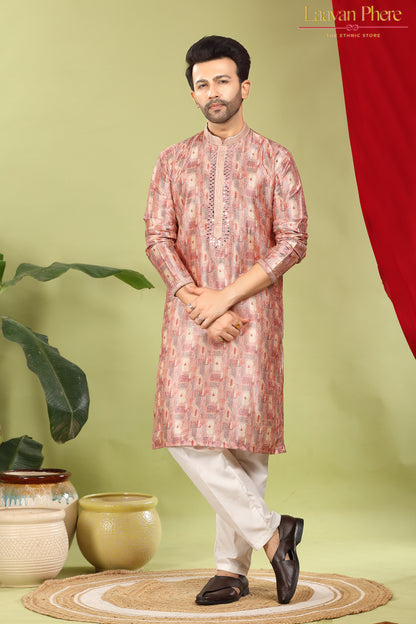 Vayaan – Regal Mauve Printed Jacquard Mirror Work Kurta
