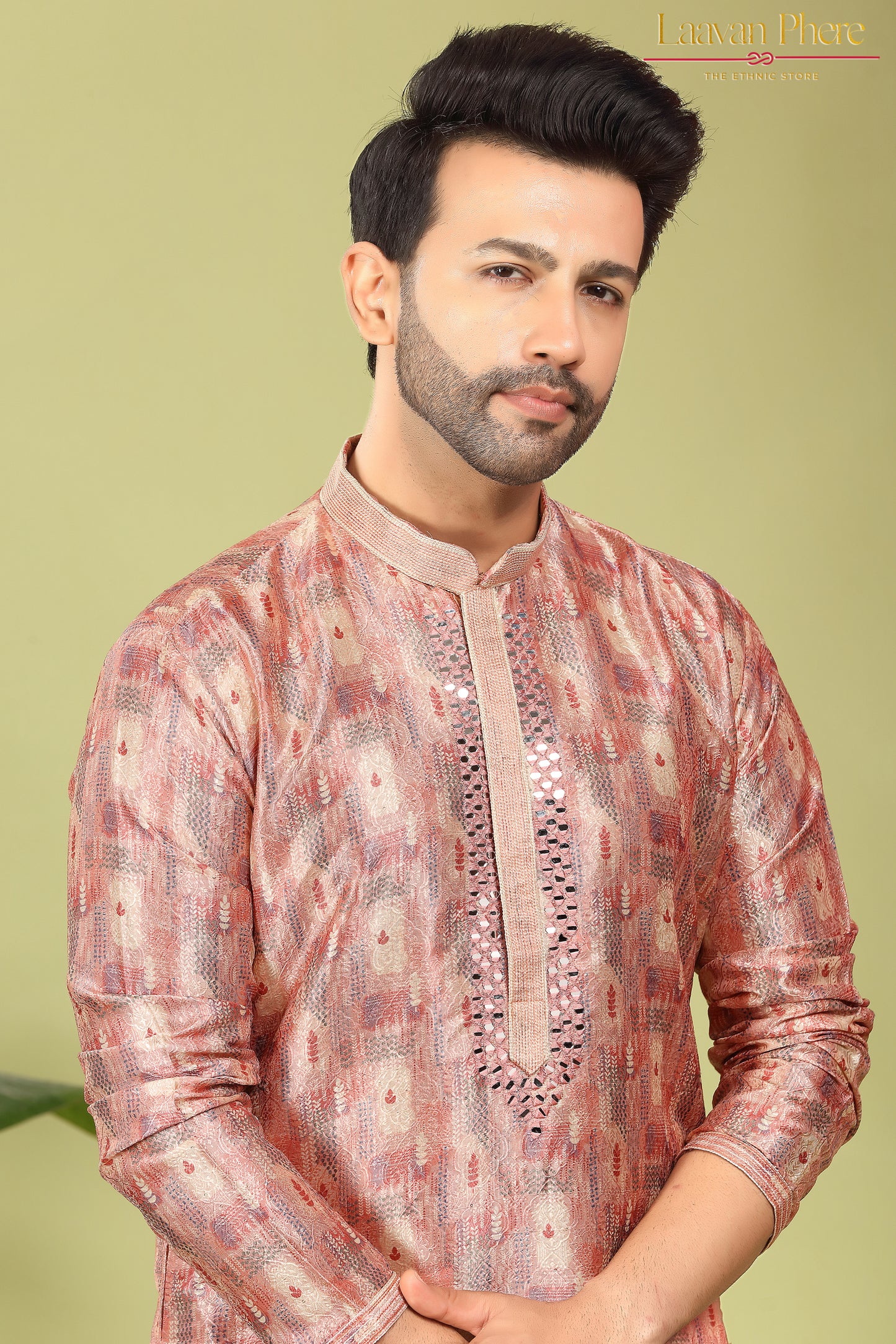 Vayaan – Regal Mauve Printed Jacquard Mirror Work Kurta