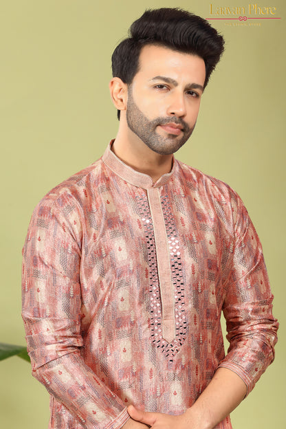 Vayaan – Regal Mauve Printed Jacquard Mirror Work Kurta