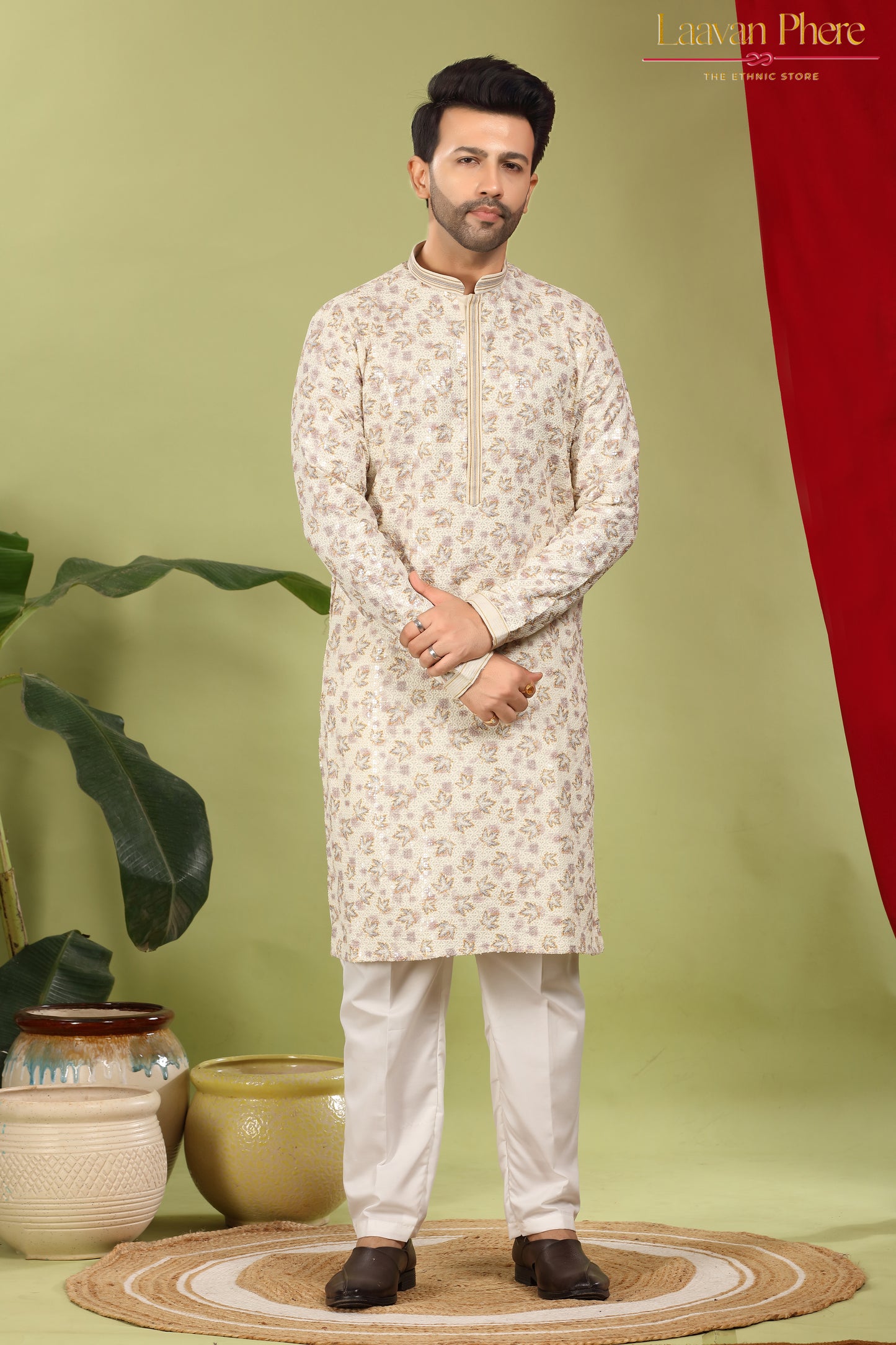 Alankrit – Ivory Tapestry Sequin Embroidered Cotton Kurta
