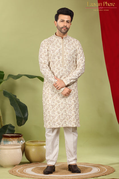 Alankrit – Ivory Tapestry Sequin Embroidered Cotton Kurta