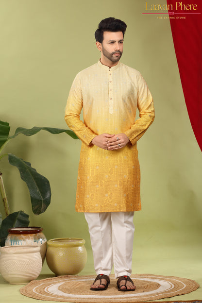 Pravah – Golden Ombre Self Print Embroidered Cotton Kurta