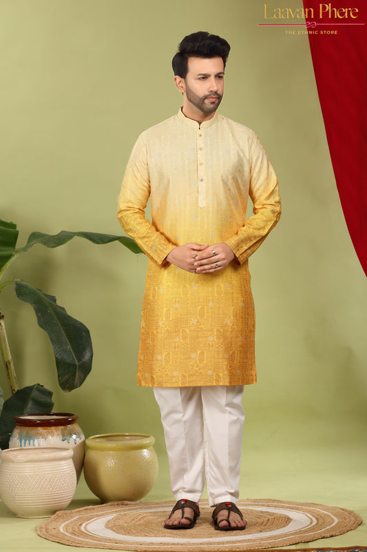 Pravah – Golden Ombre Self Print Embroidered Cotton Kurta