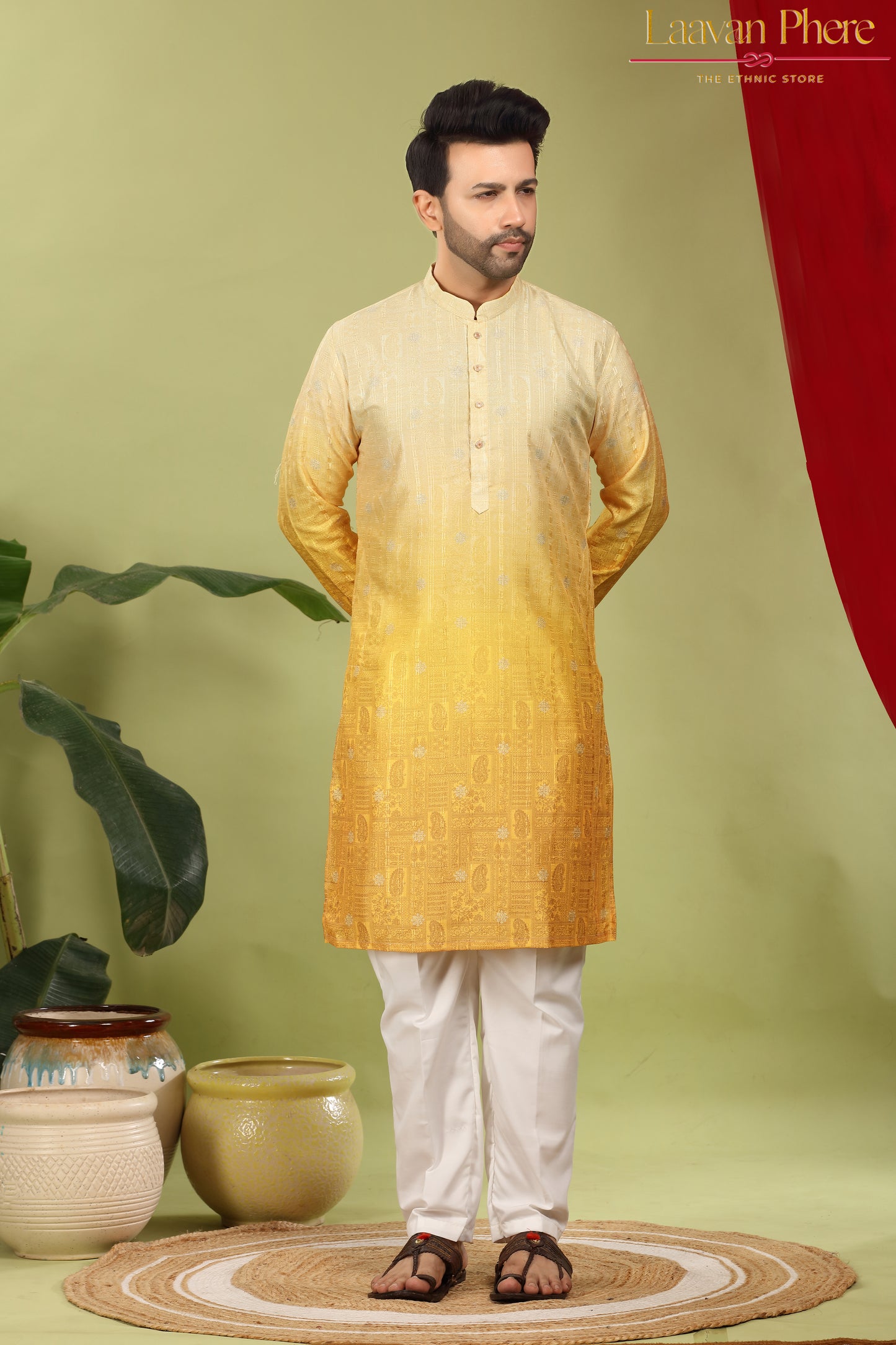 Pravah – Golden Ombre Self Print Embroidered Cotton Kurta