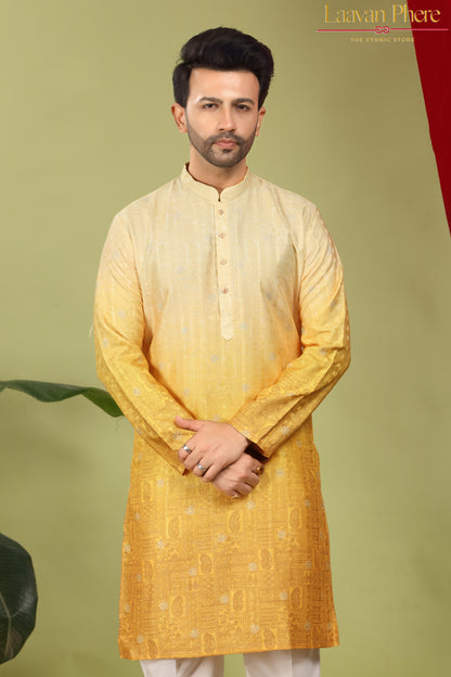 Pravah – Golden Ombre Self Print Embroidered Cotton Kurta