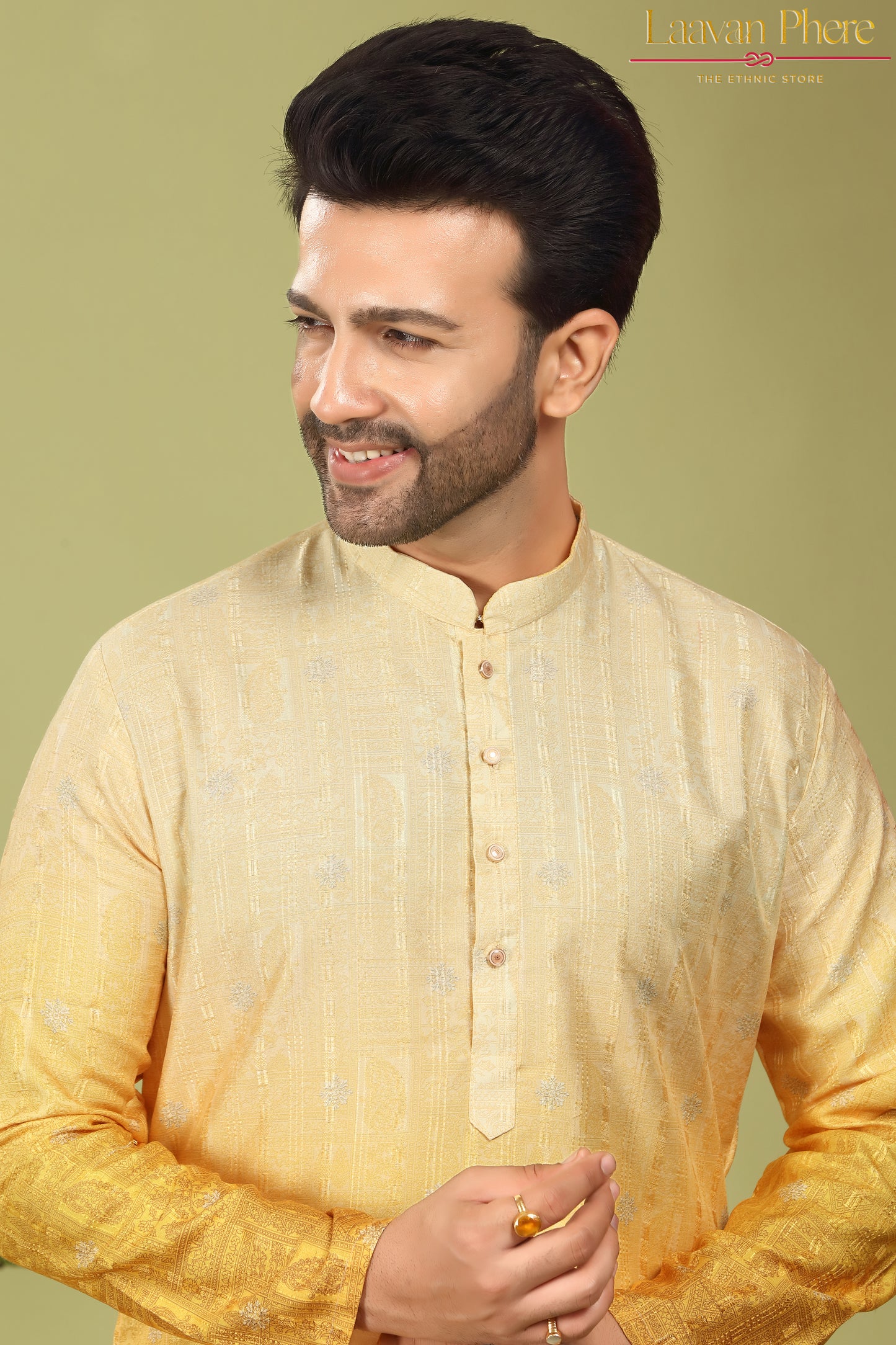 Pravah – Golden Ombre Self Print Embroidered Cotton Kurta