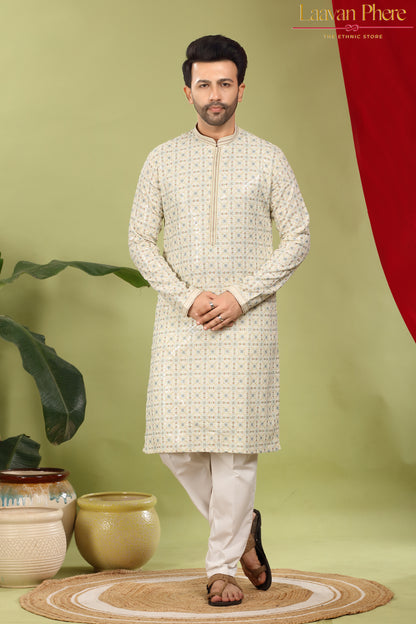 Alankrit – Ivory Constellation Multicolour Sequin Embroidered Cotton Kurta