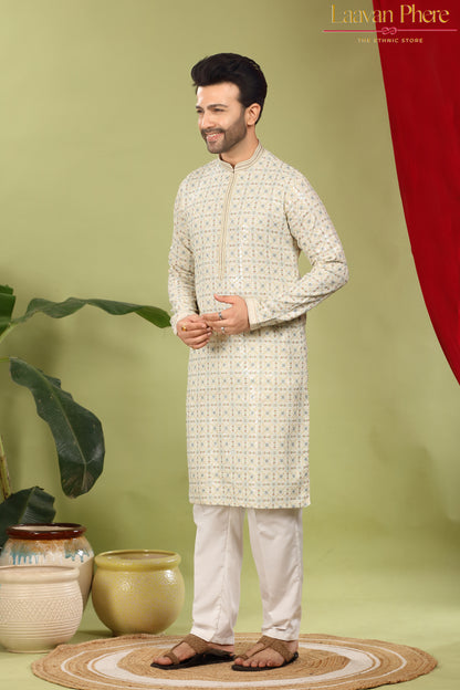 Alankrit – Ivory Constellation Multicolour Sequin Embroidered Cotton Kurta