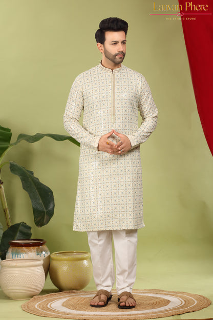 Alankrit – Ivory Constellation Multicolour Sequin Embroidered Cotton Kurta