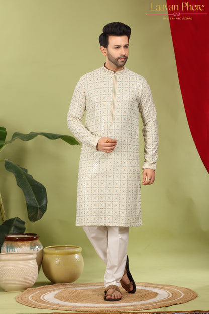 Alankrit – Ivory Constellation Multicolour Sequin Embroidered Cotton Kurta