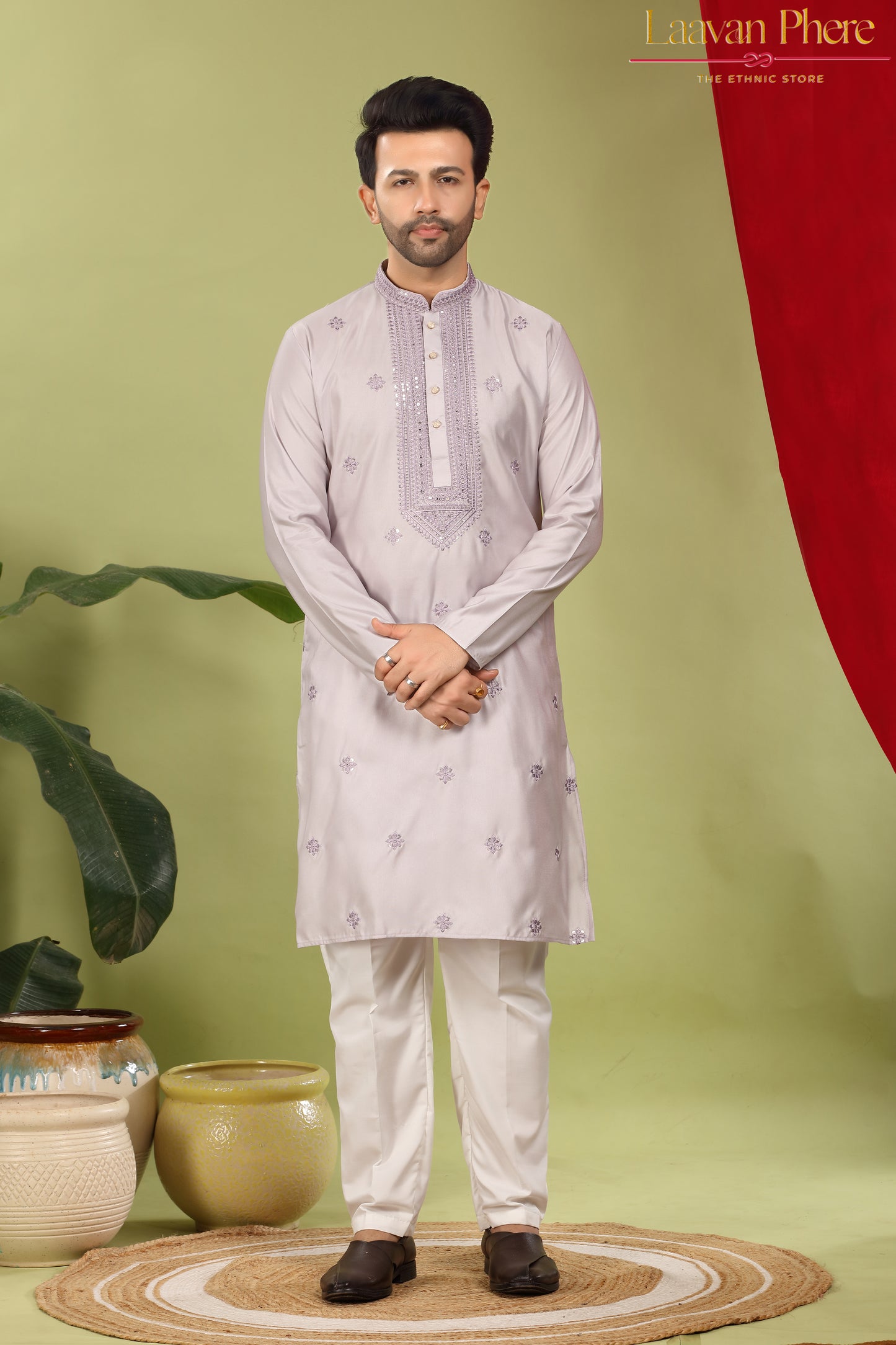 Savar – Lilac Mist Sequin Placket Embroidered Modal Silk Kurta