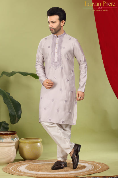 Savar – Lilac Mist Sequin Placket Embroidered Modal Silk Kurta