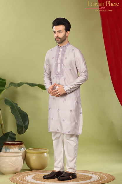 Savar – Lilac Mist Sequin Placket Embroidered Modal Silk Kurta
