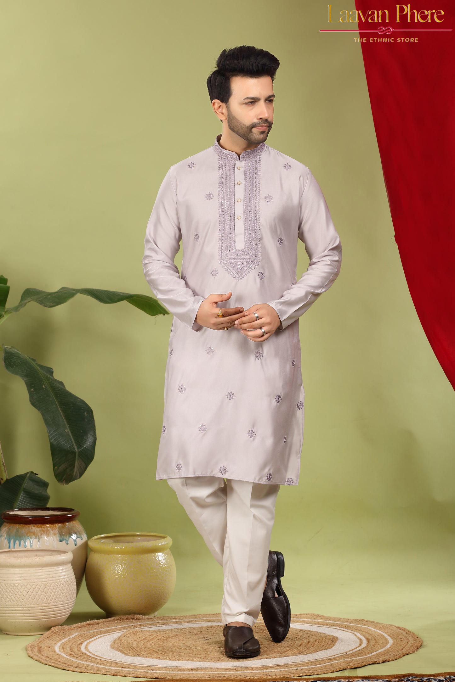 Savar – Lilac Mist Sequin Placket Embroidered Modal Silk Kurta