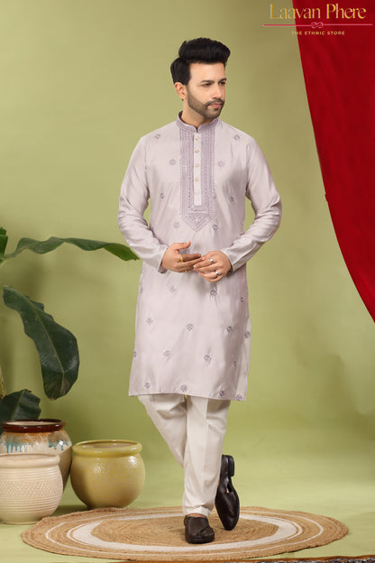 Savar – Lilac Mist Sequin Placket Embroidered Modal Silk Kurta