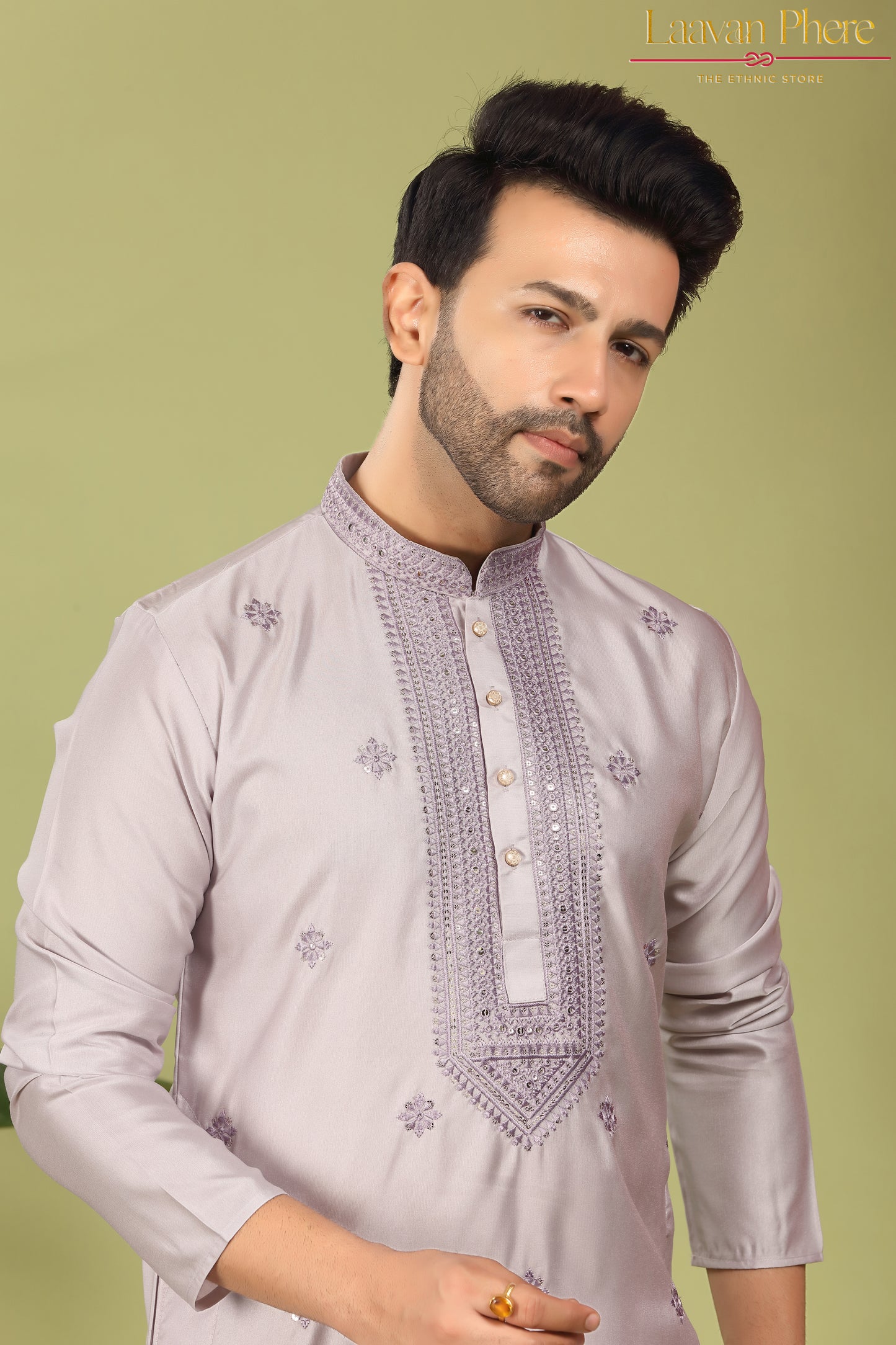 Savar – Lilac Mist Sequin Placket Embroidered Modal Silk Kurta