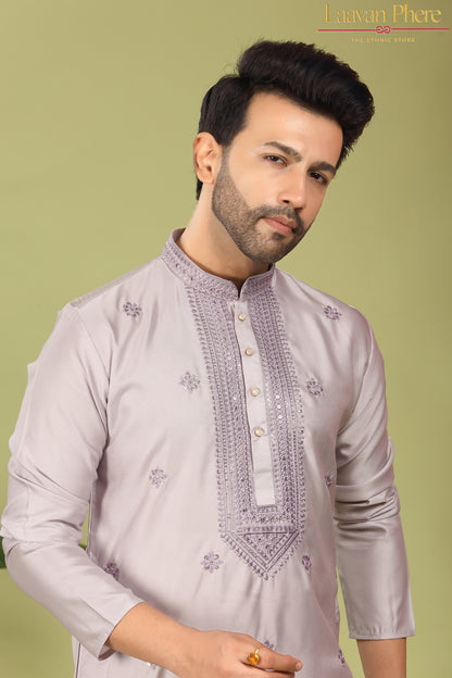 Savar – Lilac Mist Sequin Placket Embroidered Modal Silk Kurta