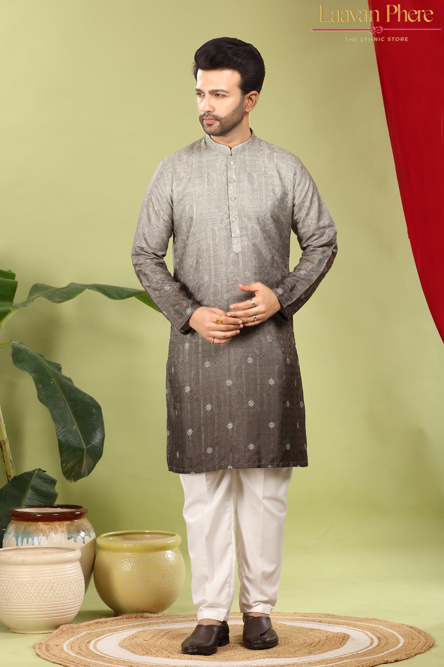 Pravah – Mehendi Ombre Self Print Embroidered Cotton Kurta