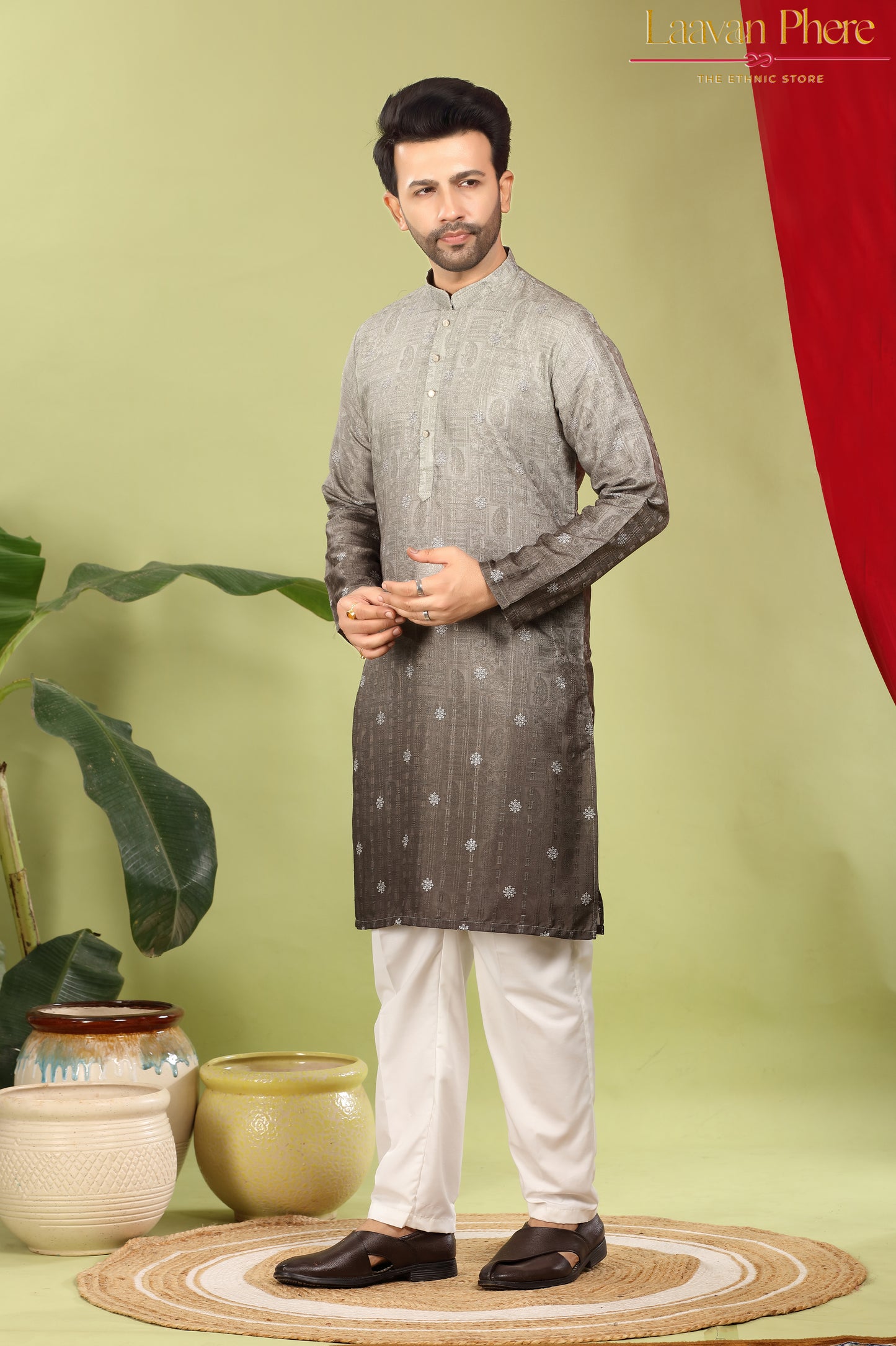 Pravah – Mehendi Ombre Self Print Embroidered Cotton Kurta