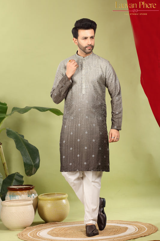 Pravah – Mehendi Ombre Self Print Embroidered Cotton Kurta