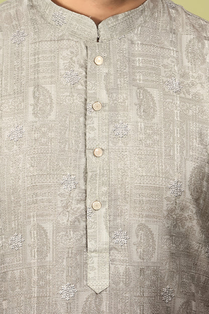 Pravah – Mehendi Ombre Self Print Embroidered Cotton Kurta