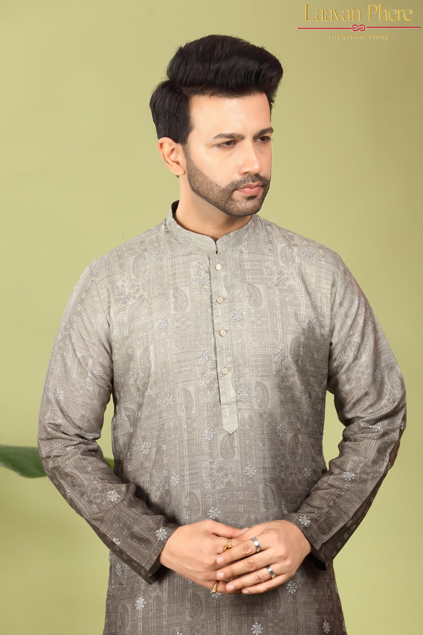 Pravah – Mehendi Ombre Self Print Embroidered Cotton Kurta