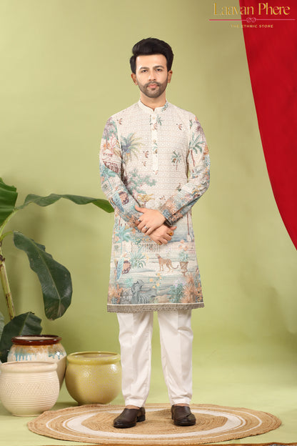 Kanaan – Ivory Eden Scenic Printed Cotton Kurta