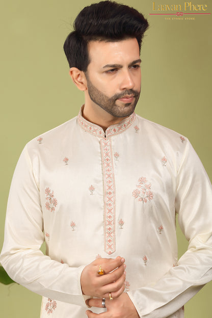 Lavanya – Pearl Blush Daman Embroidered Silk Blend Kurta