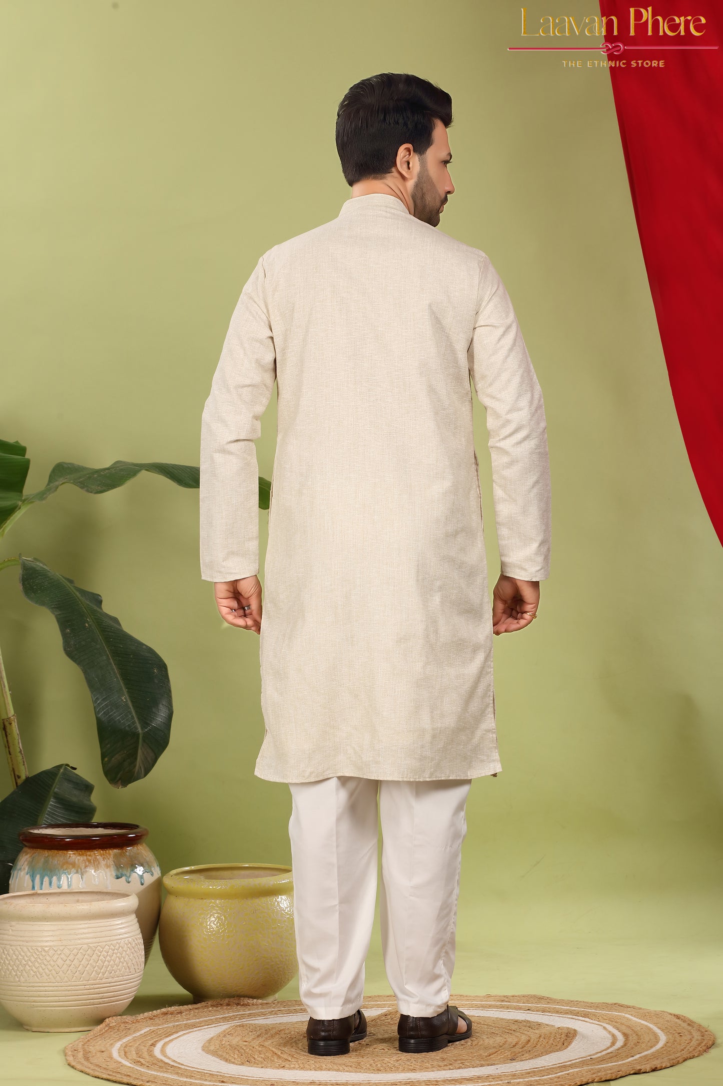 Zarvan – Antique Ivory Yoke Embroidered Cotton Linen Kurta