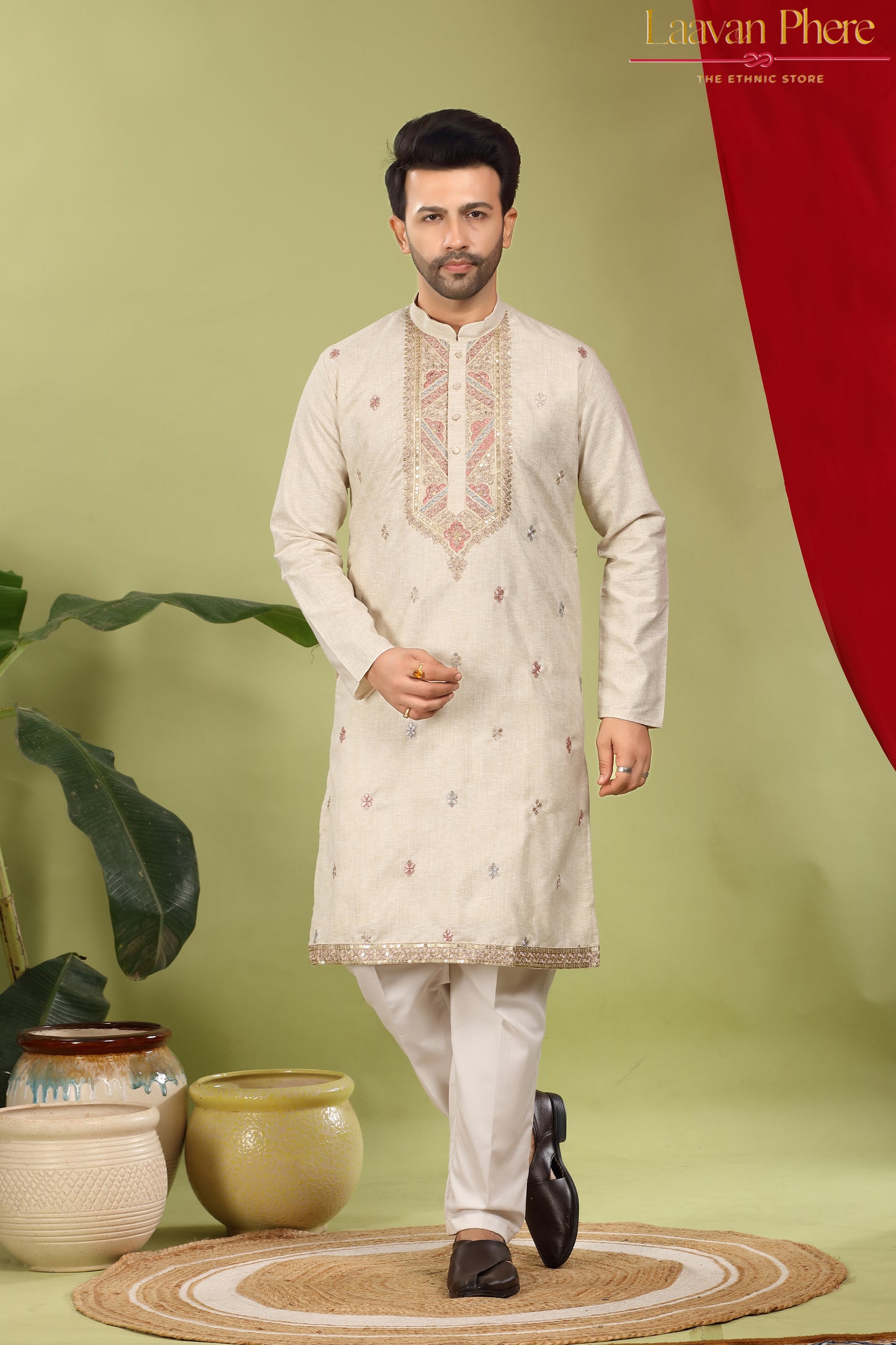 Zarvan – Antique Ivory Yoke Embroidered Cotton Linen Kurta