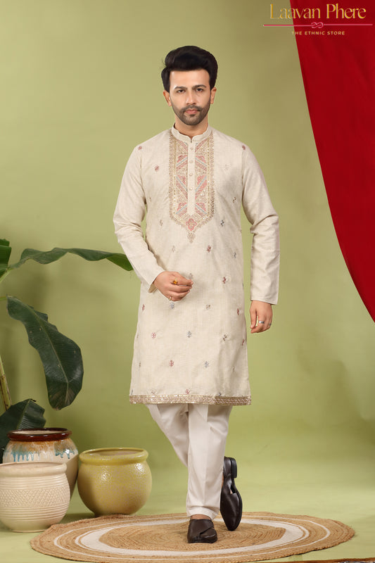 Zarvan – Antique Ivory Yoke Embroidered Cotton Linen Kurta