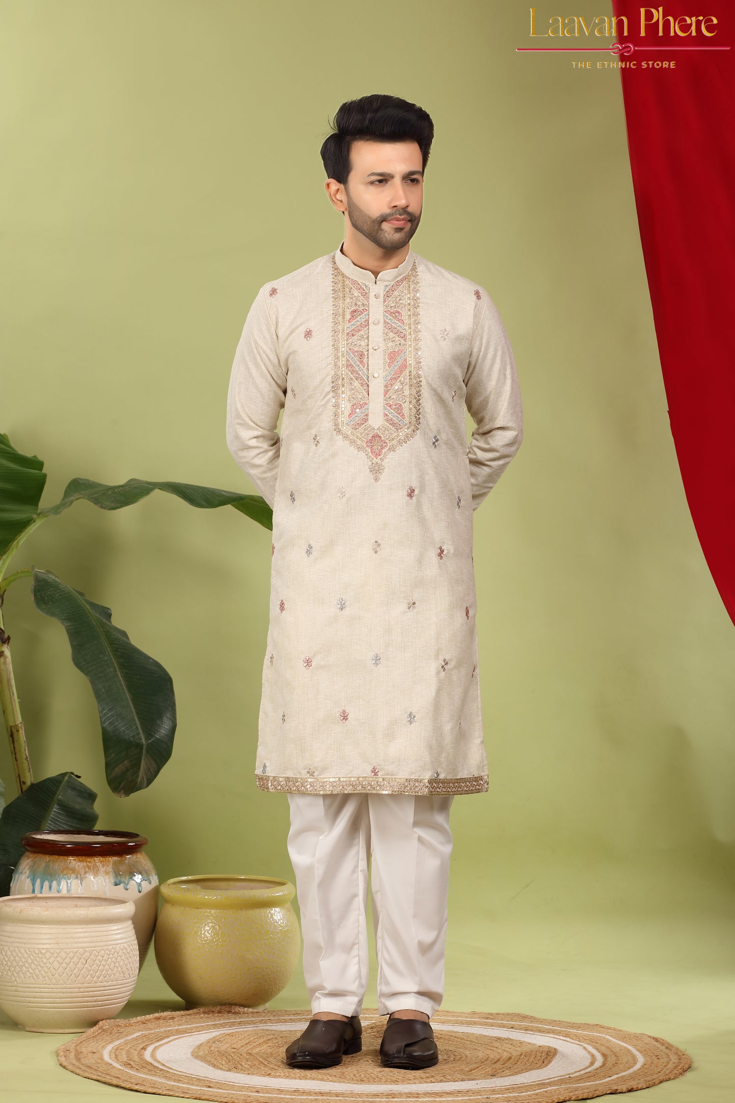 Zarvan – Antique Ivory Yoke Embroidered Cotton Linen Kurta