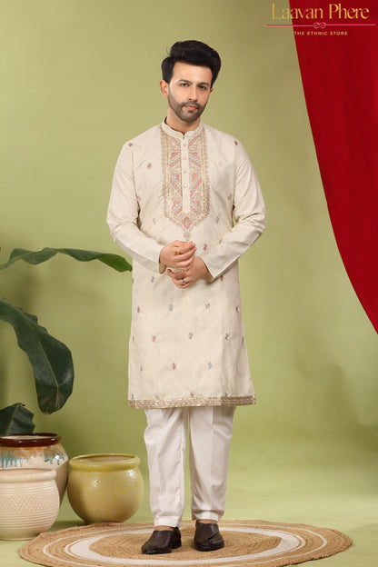 Zarvan – Antique Ivory Yoke Embroidered Cotton Linen Kurta