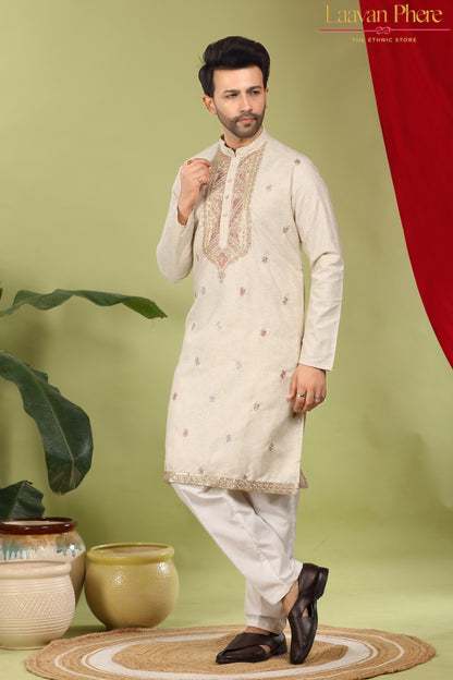 Zarvan – Antique Ivory Yoke Embroidered Cotton Linen Kurta